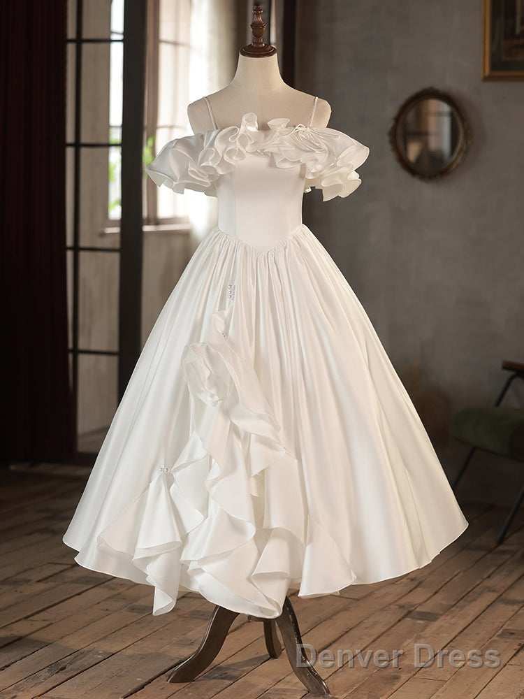 Retro A Line Tea Length Ivory Prom Dress, White Wedding Prom Dresses