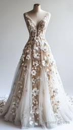 Retro A Line V Neck Tulle 3D Applique Wedding Dresses Simple Beaded Ball Gowns