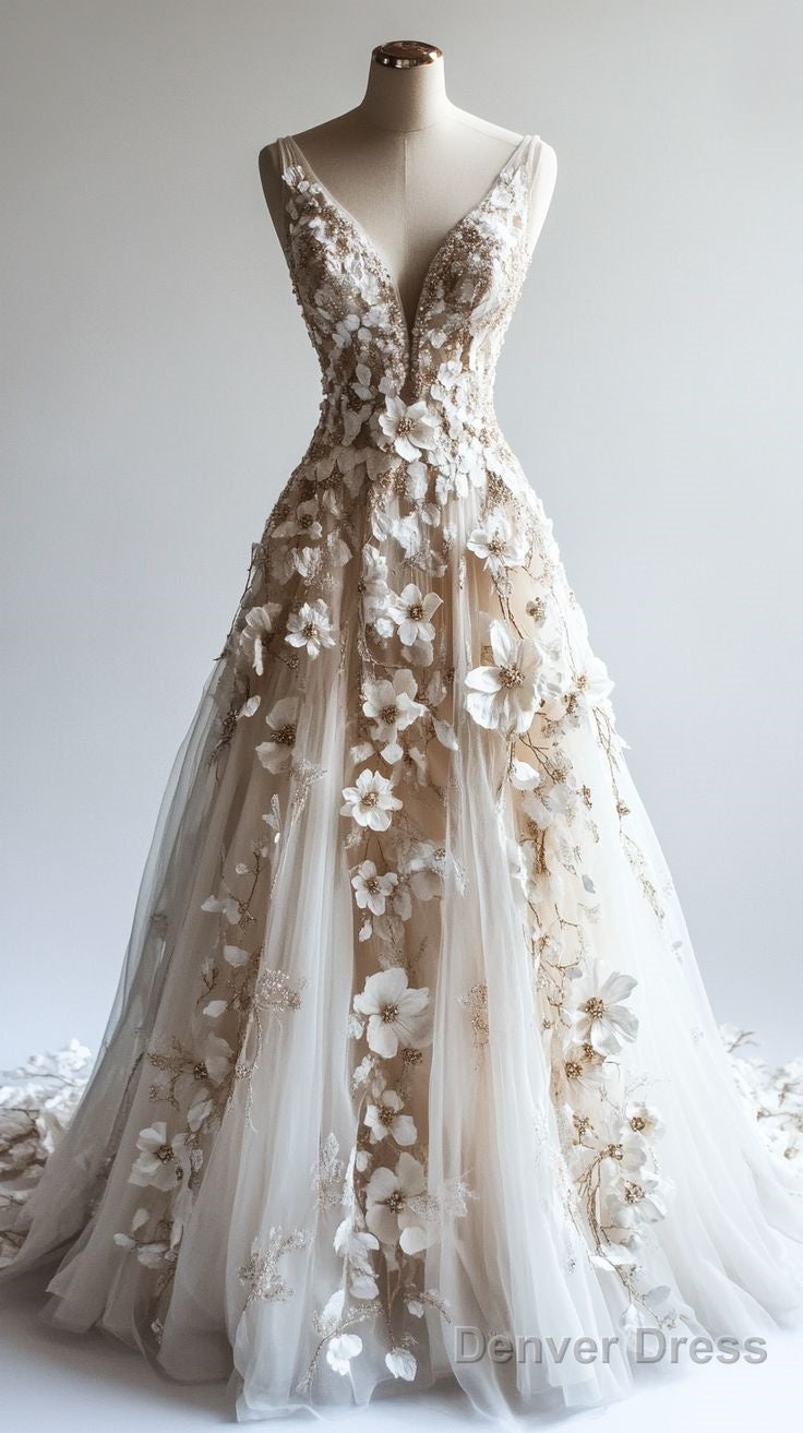 Retro A Line V Neck Tulle 3D Applique Wedding Dresses Simple Beaded Ball Gowns