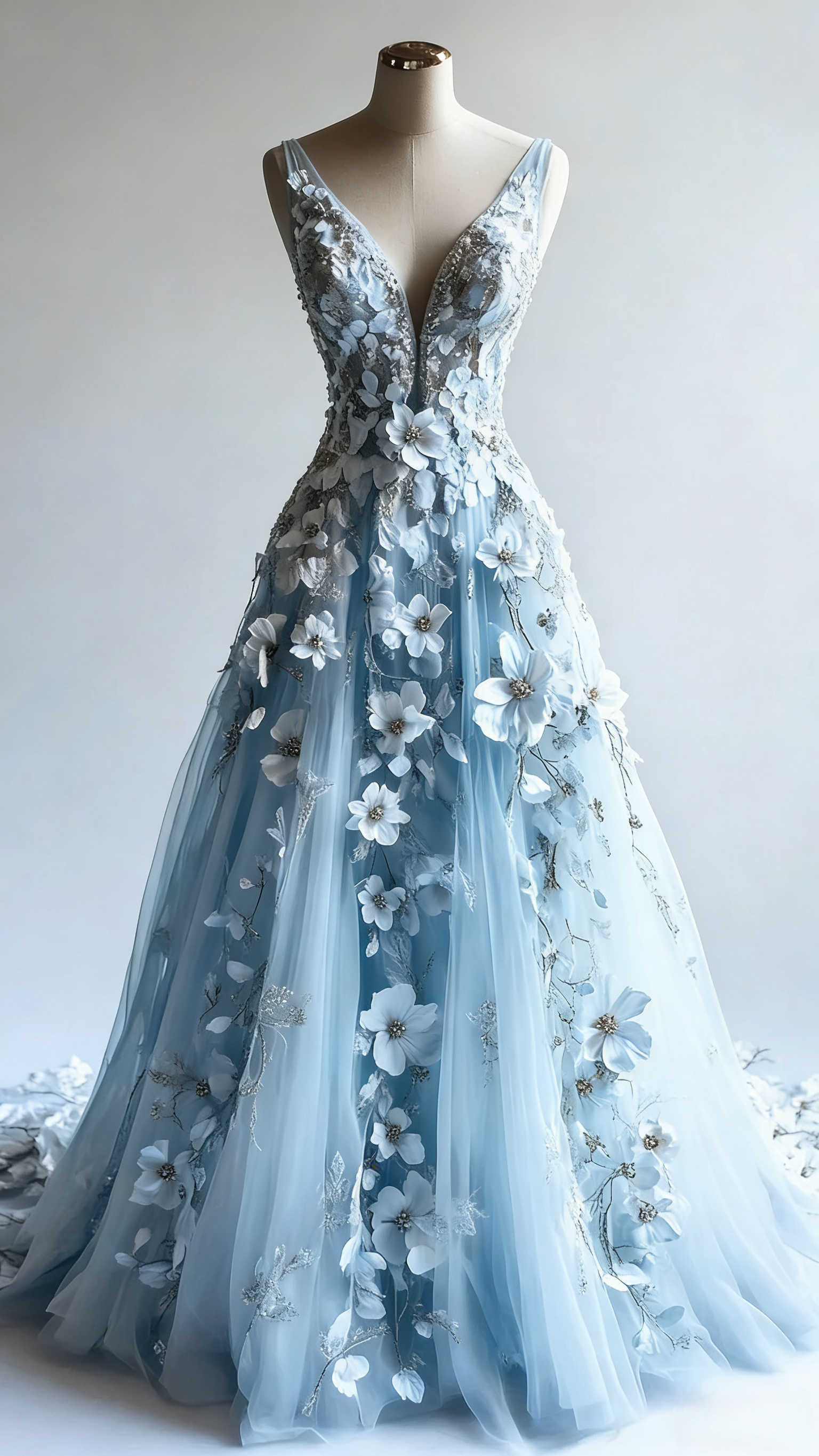 Retro A-Line V-Neck Tulle 3D Applique Wedding Dresses Simple Beaded Prom Gowns
