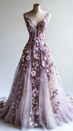 Retro A-Line V-Neck Tulle 3D Applique Wedding Dresses Simple Beaded Prom Gowns