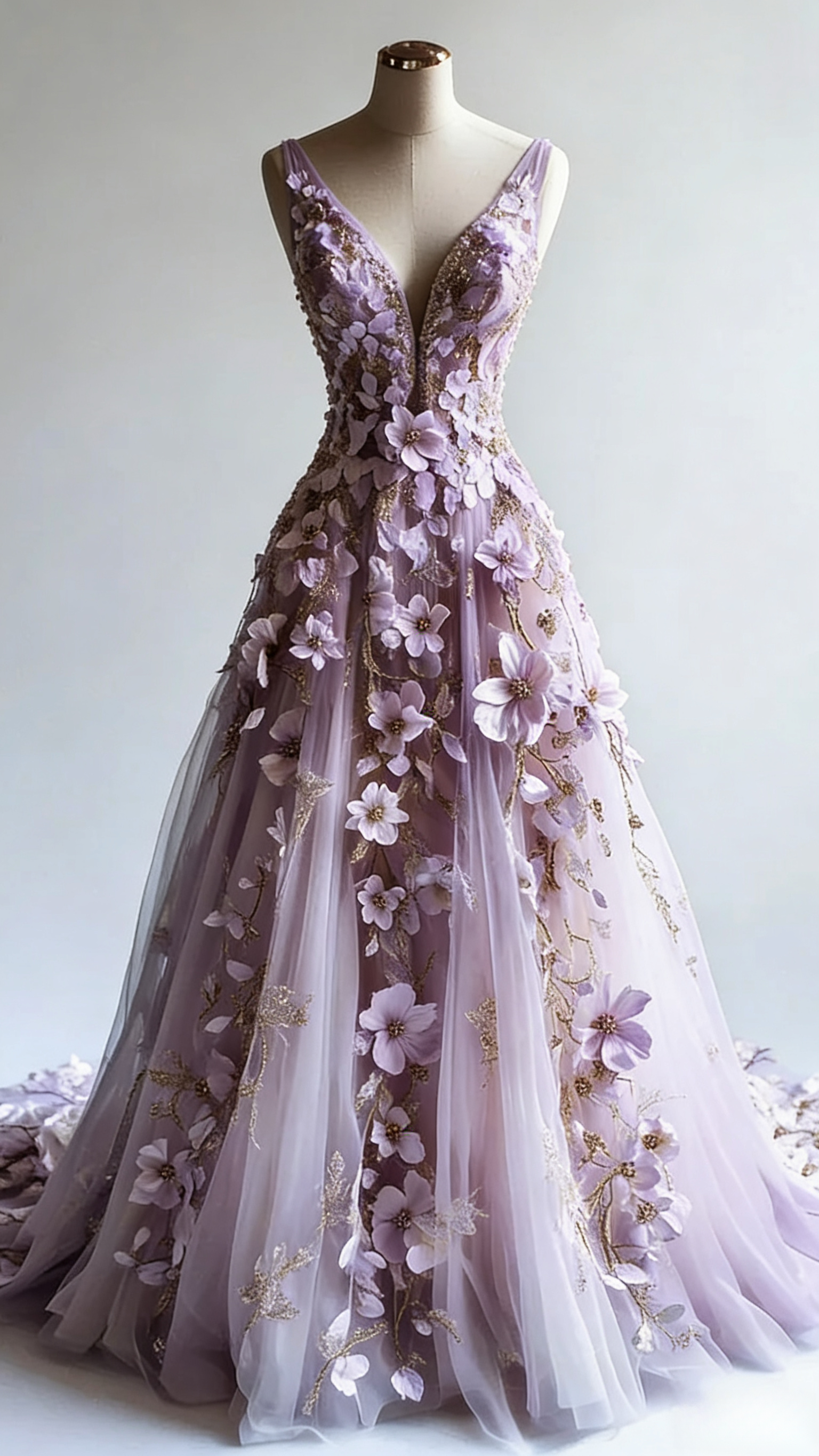 Retro A-Line V-Neck Tulle 3D Applique Wedding Dresses Simple Beaded Prom Gowns