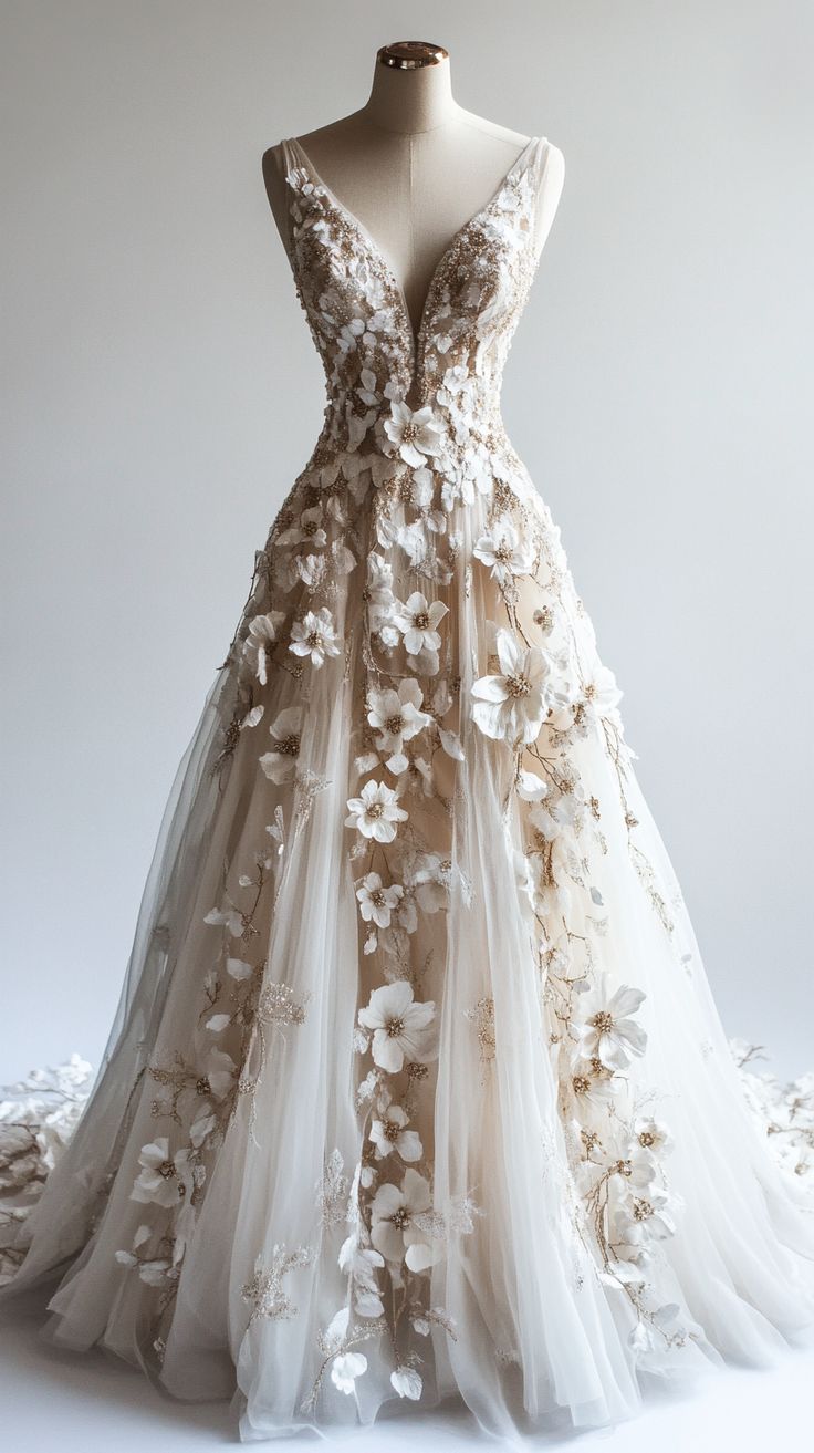 Retro A-Line V-Neck Tulle 3D Applique Wedding Dresses Simple Beaded Prom Gowns Main image
