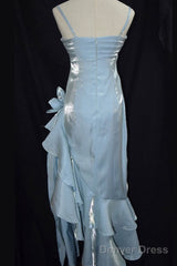 Retro Baby Blue Vintage Floral Dress Asymmetrical Hem Prom Gown