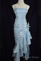 Retro Baby Blue Vintage Floral Dress Asymmetrical Hem Prom Gown