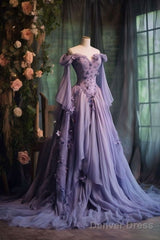 Retro Ball Gown Off The Shoulder Lilac Tulle Flowers Evening Dress Prom Dresses