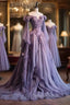Retro Ball Gown Off The Shoulder Lilac Tulle Flowers Evening Dresses Prom Dresses