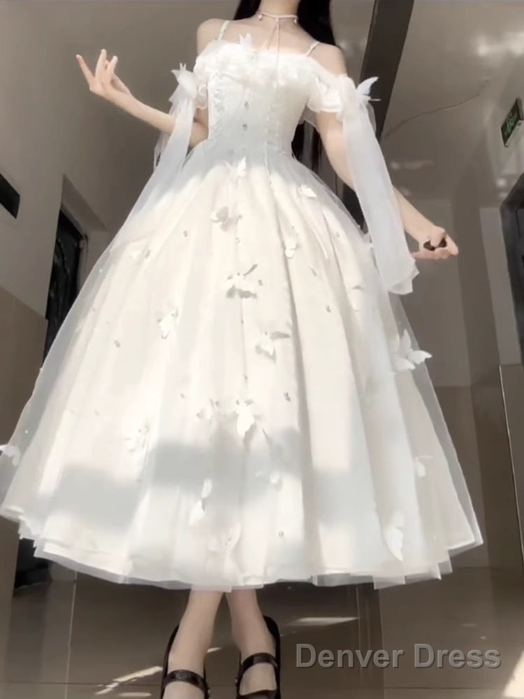 Retro Ball Gowns Spaghetti Straps Ankle Length White Prom Dresses Birthday Outfits With Lace
