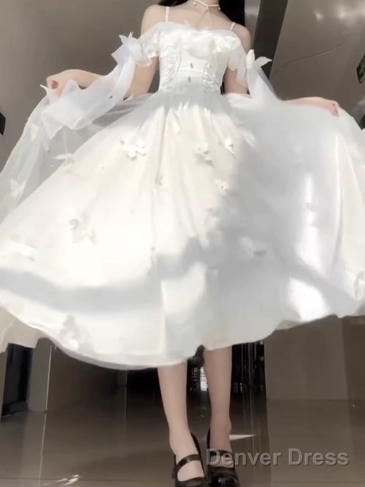 Retro Ball Gowns Spaghetti Straps Ankle Length White Prom Dresses Birthday Outfits With Lace