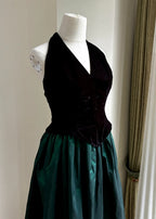 Retro Black And Green A-Line Halter Neck Velvet And Satin Prom Dresses Evening Dresses