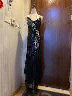 Retro Black Mermaid Deep V Halter Sequined Long Prom Dresses Evening Dresses