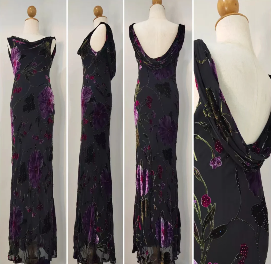 Retro Black Mermaid Neckline Embroidered Floral Backless Chiffon Long Prom Dresses Evening Dresses