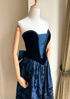Retro Blue And Black A-Line Strapless Bow Jacquard Velvet Long Prom Dresses Evening Dresses