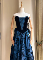 Retro Blue And Black A-Line Strapless Bow Jacquard Velvet Long Prom Dresses Evening Dresses