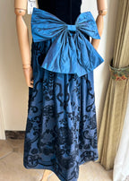 Retro Blue And Black A-Line Strapless Bow Jacquard Velvet Long Prom Dresses Evening Dresses