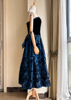 Retro Blue And Black A-Line Strapless Bow Jacquard Velvet Long Prom Dresses Evening Dresses