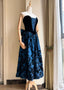 Retro Blue And Black A-Line Strapless Bow Jacquard Velvet Long Prom Dresses Evening Dresses