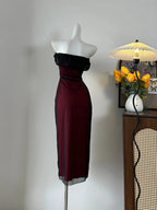 Retro Burgundy Slim-Fit Tube Top Ruffled Tulle Prom Dresses Evening Dresses
