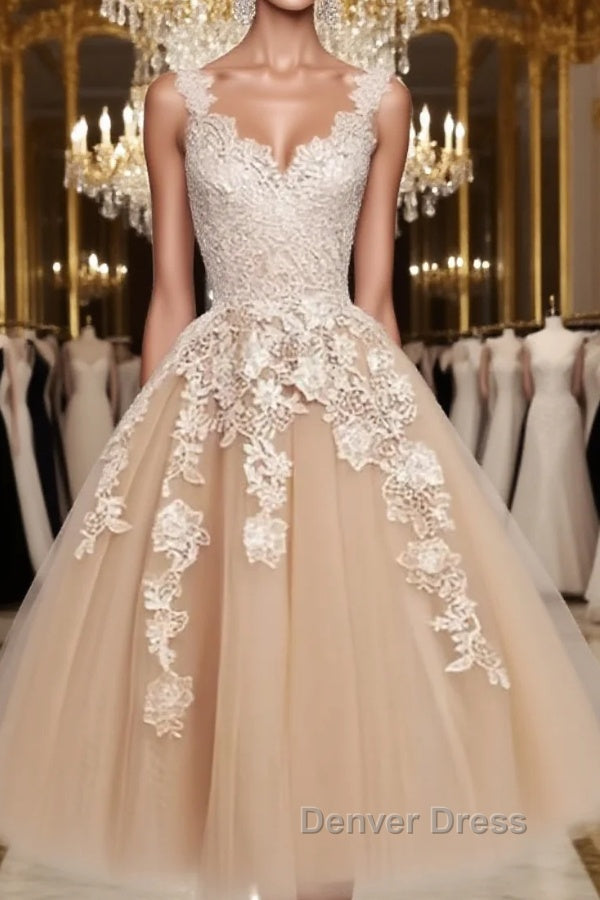 Retro Champagne V Neck Applique Short Prom Dress, Lace Prom Dress