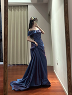 Retro Elegant Blue-Purple Off-Shoulder Hand-Pleated Satin Prom Dresses Evening Dresses
