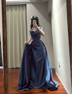 Retro Elegant Blue-Purple Off-Shoulder Hand-Pleated Satin Prom Dresses Evening Dresses