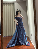 Retro Elegant Blue-Purple Off-Shoulder Hand-Pleated Satin Prom Dresses Evening Dresses