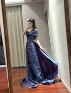 Retro Elegant Blue-Purple Off-Shoulder Hand-Pleated Satin Prom Dresses Evening Dresses