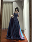 Retro Elegant Blue-Purple Off-Shoulder Hand-Pleated Satin Prom Dresses Evening Dresses
