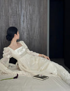 Retro Elegant Ivory A-Line Square Neck Long Sleeve Embroidered Lace Long Prom Dresses Evening Dresses