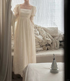 Retro Elegant Ivory A-Line Square Neck Long Sleeve Embroidered Lace Long Prom Dresses Evening Dresses