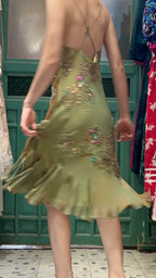 Retro Elegant Olive Green Deep V Backless Cross-Beaded Chiffon Long Prom Dresses Evening Dresses