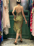 Retro Elegant Olive Green Deep V Backless Cross-Beaded Chiffon Long Prom Dresses Evening Dresses