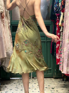 Retro Elegant Olive Green Deep V Backless Cross-Beaded Chiffon Long Prom Dresses Evening Dresses