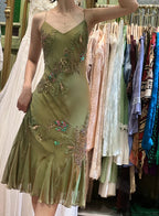 Retro Elegant Olive Green Deep V Backless Cross-Beaded Chiffon Long Prom Dresses Evening Dresses