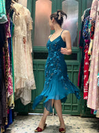 Retro Elegant Peacock Blue Irregular Deep V Halter Embroidered Chiffon Prom Dresses Evening Dresses