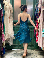 Retro Elegant Peacock Blue Irregular Deep V Halter Embroidered Chiffon Prom Dresses Evening Dresses