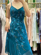 Retro Elegant Peacock Blue Irregular Deep V Halter Embroidered Chiffon Prom Dresses Evening Dresses