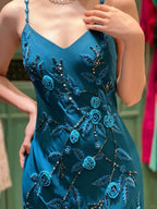 Retro Elegant Peacock Blue Irregular Deep V Halter Embroidered Chiffon Prom Dresses Evening Dresses