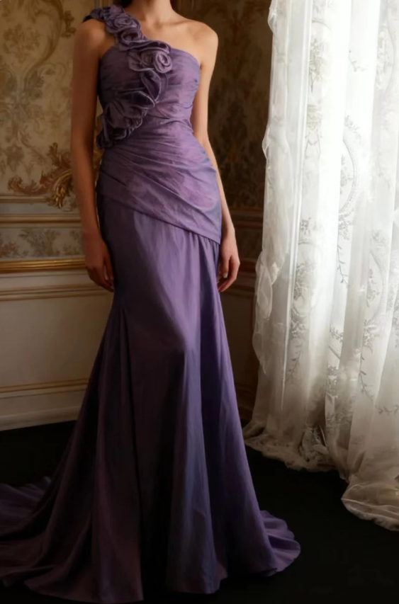 Retro Elegant Purple 3D Floral One-Shoulder Mermaid Satin Long Prom Dresses Evening Dresses