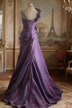 Retro Elegant Purple 3D Floral One-Shoulder Mermaid Satin Long Prom Dresses Evening Dresses