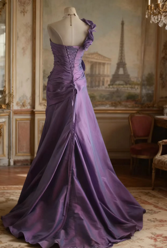 Retro Elegant Purple 3D Floral One-Shoulder Mermaid Satin Long Prom Dresses Evening Dresses