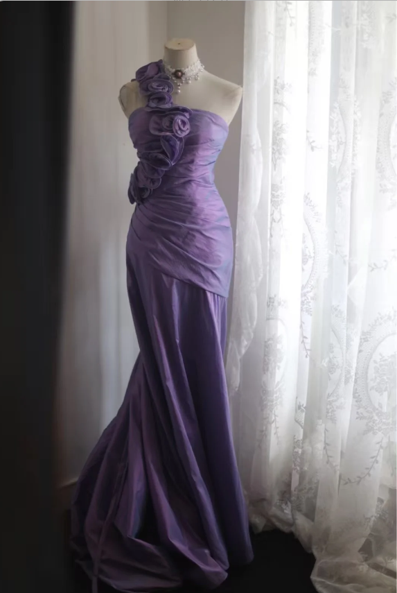 Retro Elegant Purple 3D Floral One-Shoulder Mermaid Satin Long Prom Dresses Evening Dresses
