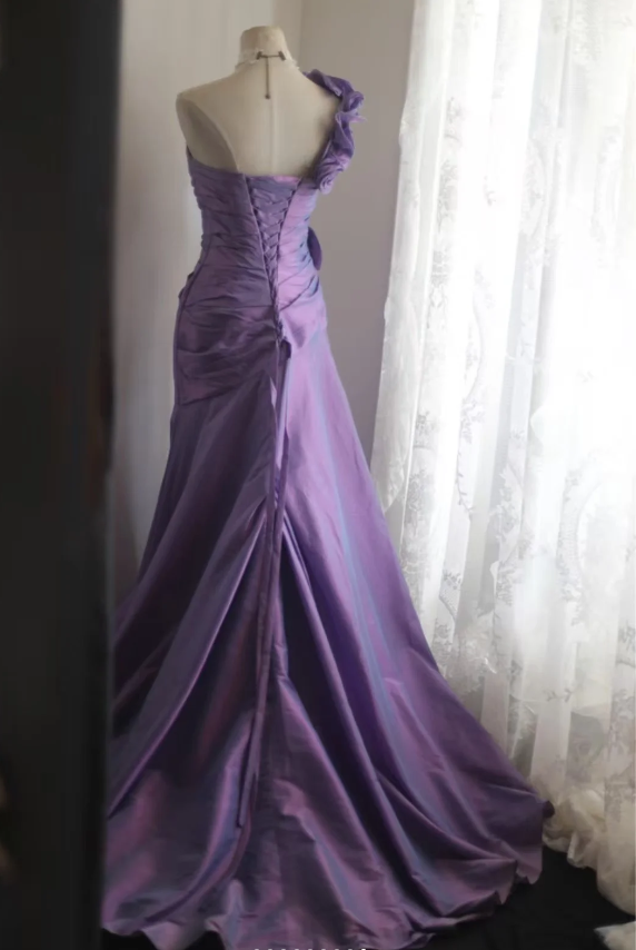 Retro Elegant Purple 3D Floral One-Shoulder Mermaid Satin Long Prom Dresses Evening Dresses