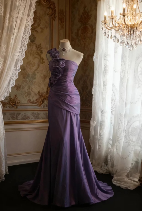 Retro Elegant Purple 3D Floral One-Shoulder Mermaid Satin Long Prom Dresses Evening Dresses