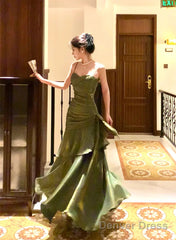 Retro Green Mermaid Straps Long Satin Party Dress, Green Satin Evening Dress Prom Dress