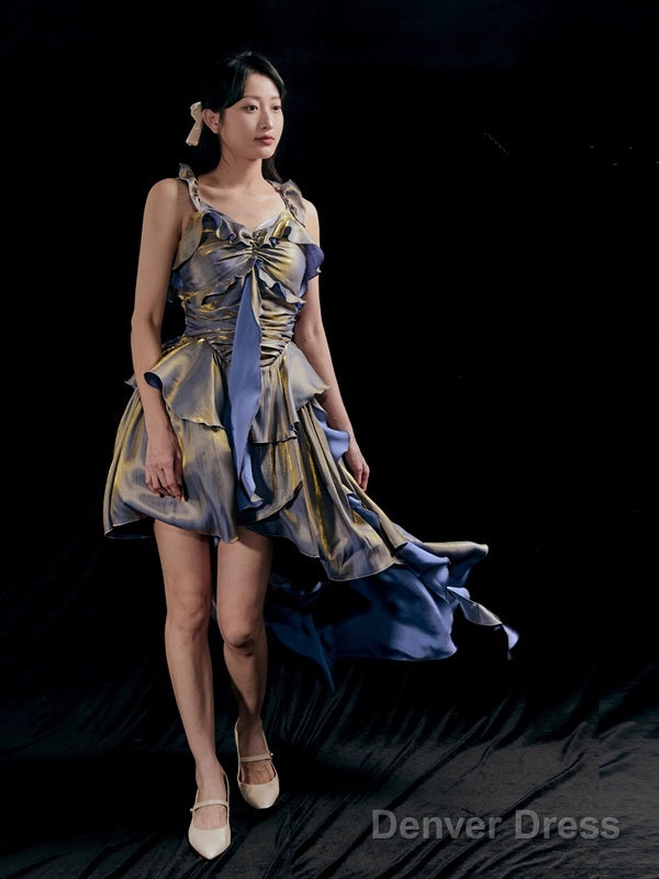 Retro High Low Irregular Spaghetti Straps Dusty Purple Short Birthday Dresses Birthday Outfit