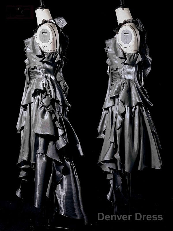 Retro High Low Irregular Spaghetti Straps Gray Short Prom Dresses Birthday Outfits