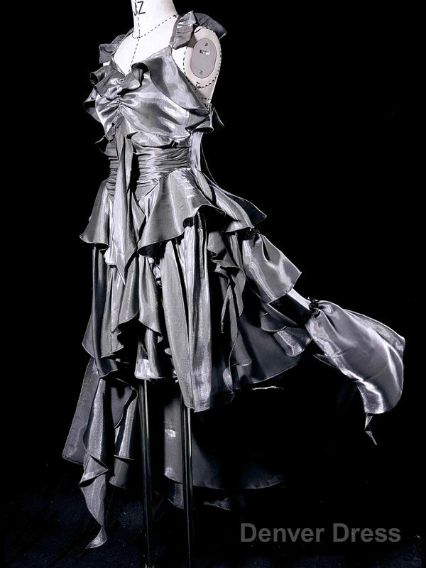 Retro High Low Irregular Spaghetti Straps Gray Short Prom Dresses Birthday Outfits Main image