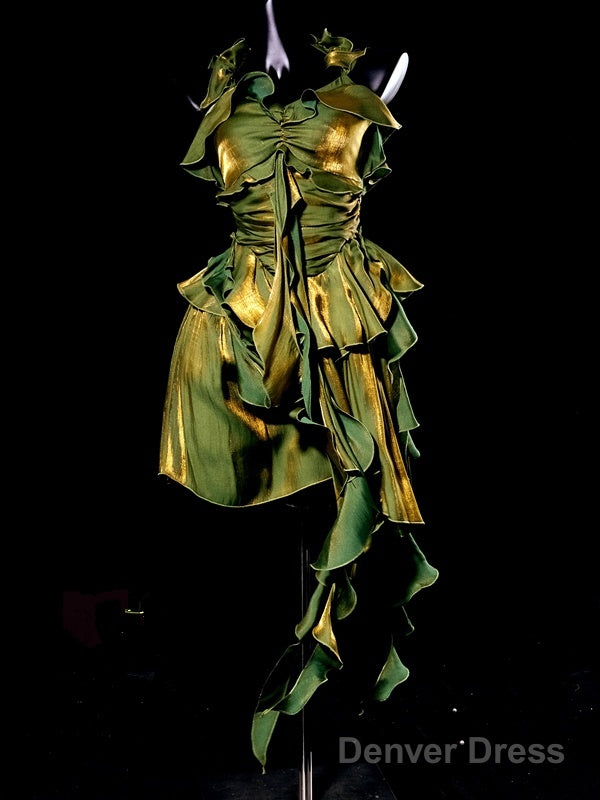 Retro High Low Irregular Spaghetti Straps Green Short Birthday Dresses Birthday Outfits