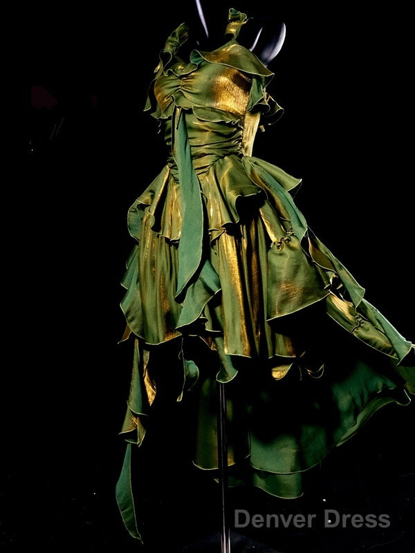 Retro High Low Irregular Spaghetti Straps Green Short Birthday Dresses Birthday Outfits With Train Secondary image